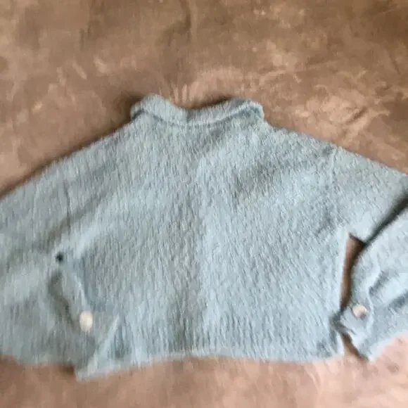 W.A.P.G. Fuzzy Crop Sweater Jacket Dusty Blue Sz S - Picture 3 of 8